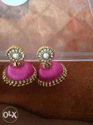 Embellish Rhinestone Pink-and-brown Jhumka Earrings