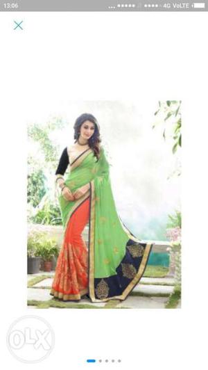 Green orange embroidered Georgette material