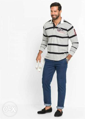 Men's Gray And Black Striped Long-sleeved Tshirt stock 300