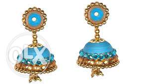 Pair Of Blue-and-gold Silk Thread Jhumkas