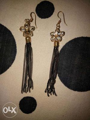 Pair Of Gold-black-and-diamond Flower Drop Hook Earrings