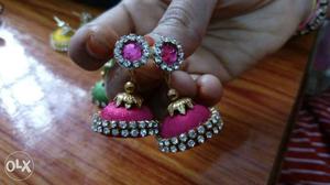 Pair Of Pink-and-silver Jhumkas