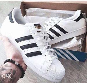 Pair Of White-and-black Adidas Low-top Sneakers With Box