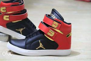Pair Of White-gold-red-and-black Air Jordan Shoes