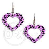 Pink Black And Silver Floral Heart Hoop Earrings