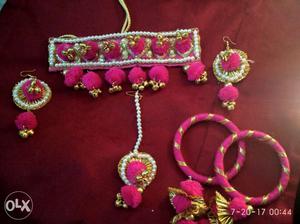 Pink Silk Thread Bangles, Pair Of Earrings And Necklace Set