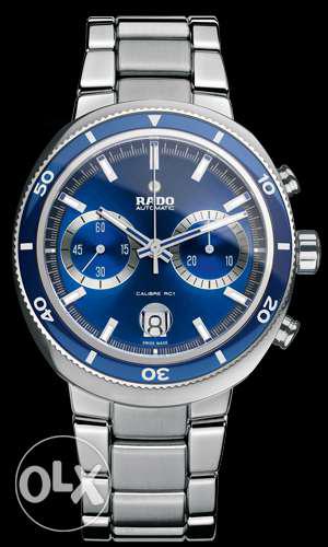 Round Blue Face Rado Chronograph Watch With Silver Strap