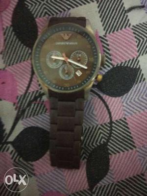 Round Silver And Brown Emporio Armani Chronograph Watch With