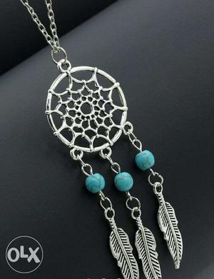Silver And Teal Dreamcatcher Pendant Necklace