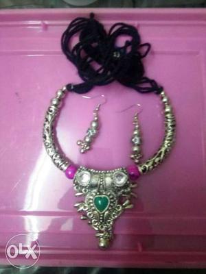 Silver Ornate Pendant Necklace With Pair Of Hook Earrings
