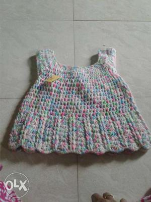 Toddler's Crocheted White, Green And Pink Sleeveless Dress