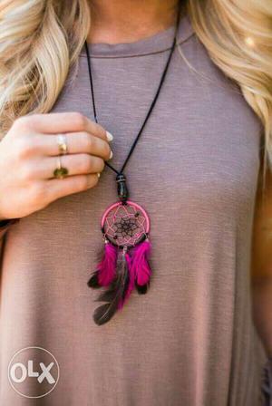 Women's Black And Pink Dream Catcher Pendant Necklace