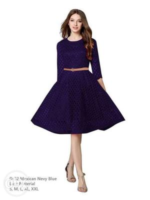 Women's Blue Crew-neck Long-sleeved Dress