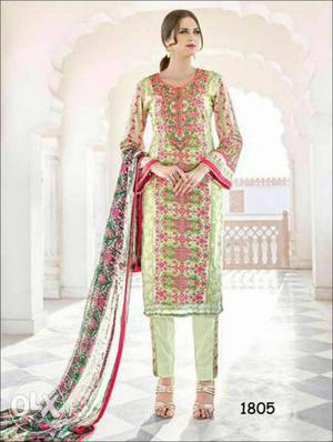 Women's Pink, Green, And Beige Floral Salwar Kameez