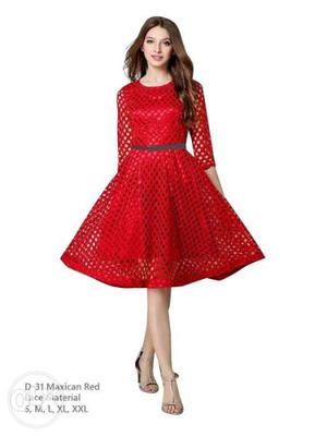 Women's Red 3/4 Sleeve A-line Midi Dress