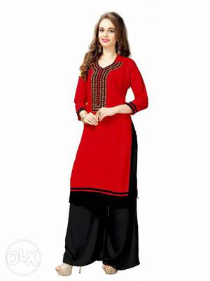 Women's Red And Black Long-sleeve Dress And Black Skirt Set