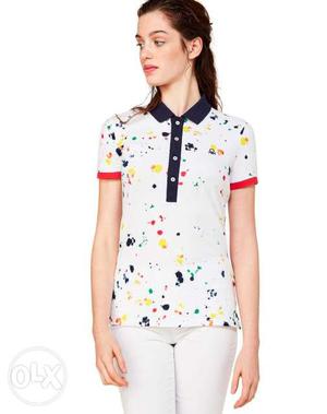 Women's White-blue-red Paint Splat Designed Polo Shirt And