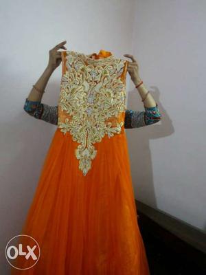 Women's golden work And Orange Sleeveless Long Dress