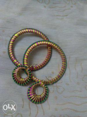 Yellow-green-pink Silk Thread Hoop Earrings