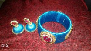 Blue Silk Thread Bangle And Pair Jhumka Earrings