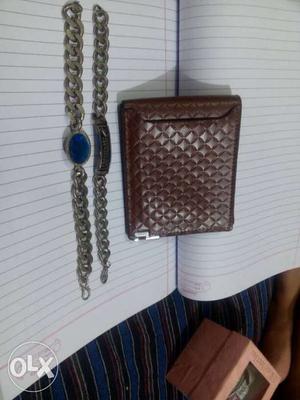 Brown Leather Wallet With Two Chain Link Bracelets