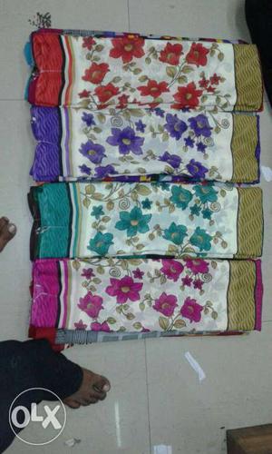 Four White, Teal, Purple, Red, And Pink Floral Sari