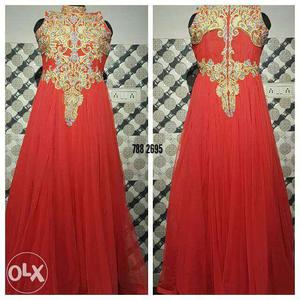 Gold Applique Red Sleeveless Long Dress
