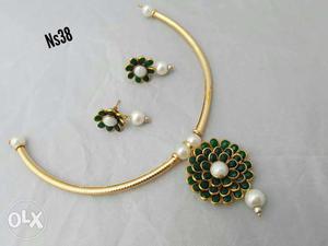 Gold, Green Gemstone And White Pearl Necklace With Earrings