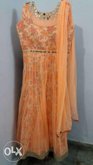 Orange Floral Scoop Neck Traditional Dress
