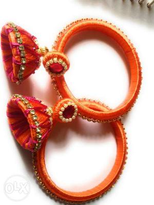 Orange and pink color silk thread earings and bangles