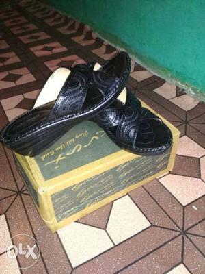 Pair Of Black Leather Heeled Slide Sandals On Obx