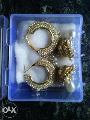 Pair Of Gold-and-silver With Pearl Embellished Earrings In