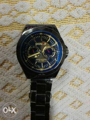 Round Black And Blue Chronograph Watch With Link Strap