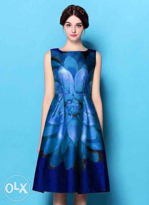 Women's Blue And Beige Floral Sleeveless Mini Dress