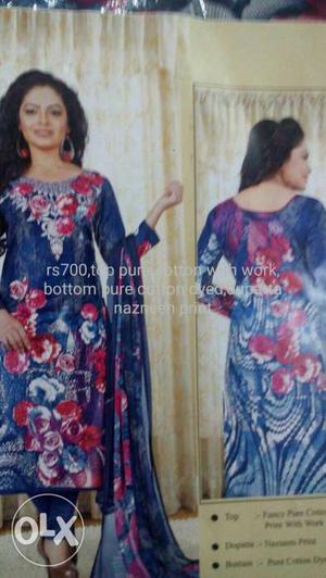 Women's Blue And Red Floral Print Kameez