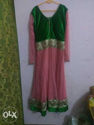 Women's Pink And Green Long Sleeved Maxi Dress