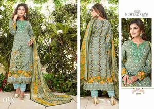 Women's Teal And Yellow Long-sleeved Traditional Dress