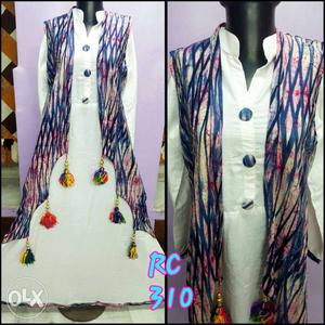 Women's White Dress With Blue And Brown Shawl