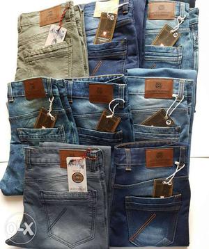 Gray, Blue And Brown Denim Jeans