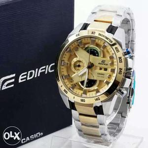 Round Gold Edifice Chronograph Watch With Link Bracelet