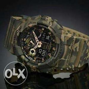 Round Gray, Beige, And Green G-Shock Camouflage Chronograph