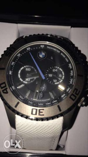 Round Silver And Black BMW Chronograph Watch With White