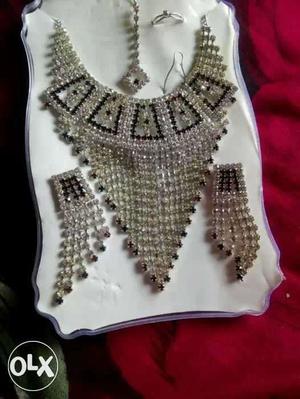 Silver Bib Necklace With Earrings Set