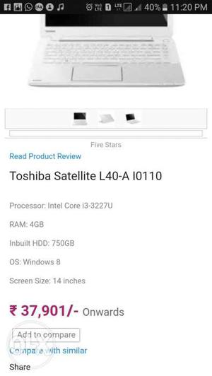 Toshiba laptop pure white colour.i3 processor.750