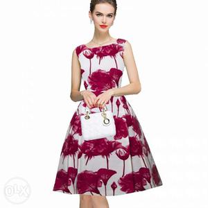 Women's White And Red Floral Print Dress