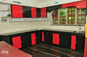 Black And Red Wooden Kitchen Cabinet