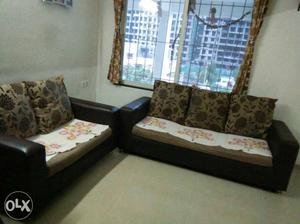 Black Leather Base Brown Floral 3-seat Sofa And 2-seat Sofa