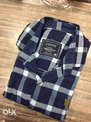 Blue, Gray, And White Plaid C-Zone Butotn Up Shirt