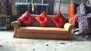 Brown Leather Sofa With Three Tufted Red Leather Throw