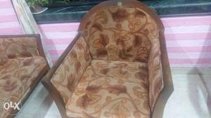Brown Wooden Frame Beige Cushion Sofa & 2 Chair